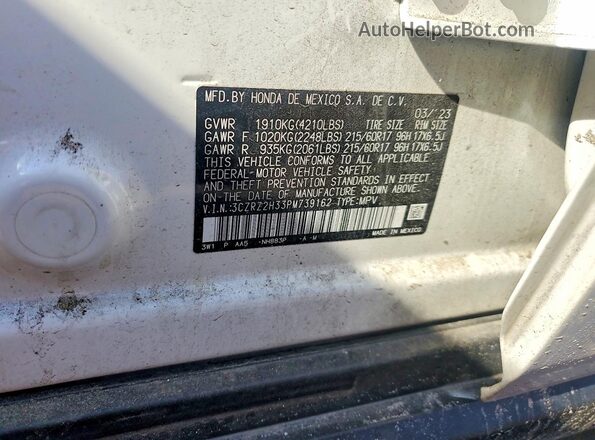 3CZRZ2H33PM739162 2023 HONDA HR-V White VIN კოდის სტიკერის ხედი