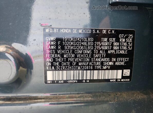 3CZRZ2H33TM720816 2026 HONDA HR-V Угольный Вид наклейки с VIN-кодом