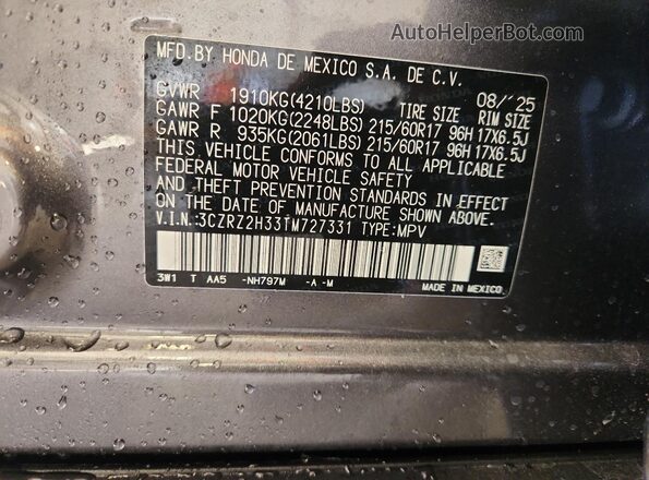 3CZRZ2H33TM727331 2026 HONDA HR-V Gray Widok naklejki z numerem VIN