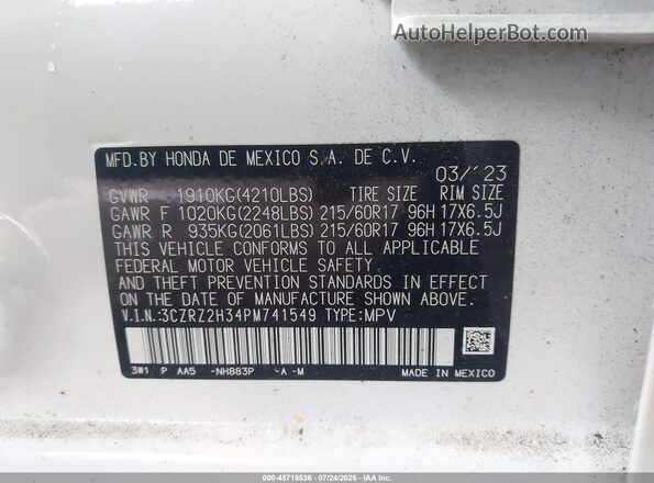 3CZRZ2H34PM741549 2023 HONDA HR-V Белый Вид подкапотного пространства
