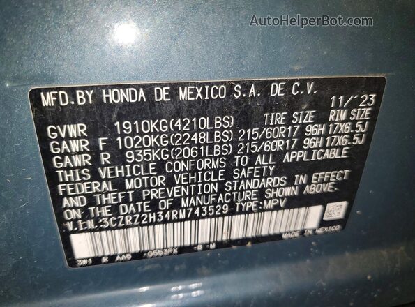 3CZRZ2H34RM743529 2024 HONDA HR-V Blue VIN կոդի պիտակի տեսք