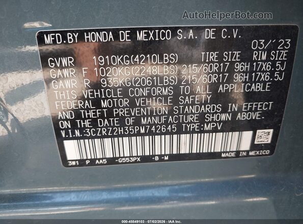 3CZRZ2H35PM742645 2023 HONDA HR-V Blue ძრავის განყოფილების ხედი