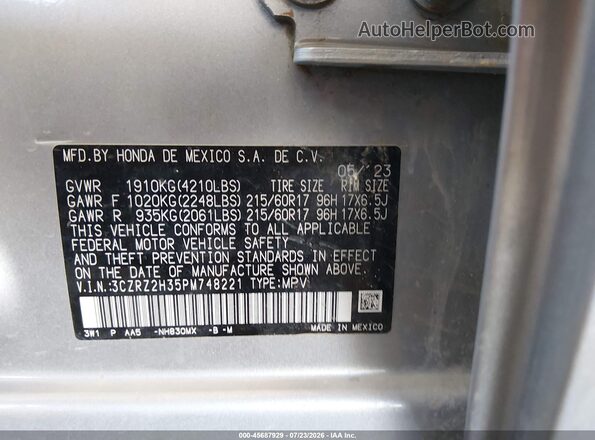 3CZRZ2H35PM748221 2023 HONDA HR-V Gray Widok komory silnika