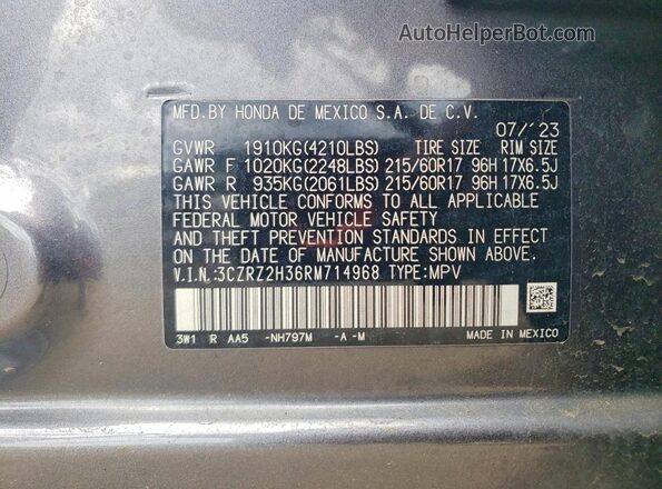3CZRZ2H36RM714968 2024 HONDA HR-V Gray Widok naklejki z numerem VIN