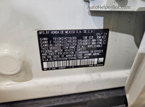 3CZRZ2H36RM759490 2024 HONDA HR-V Белый Вид наклейки с VIN-кодом