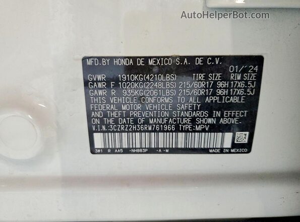 3CZRZ2H36RM761966 2024 HONDA HR-V White Vista de la etiqueta del VIN