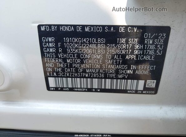 3CZRZ2H37PM728536 2023 HONDA HR-V White Vista del compartimento del motor