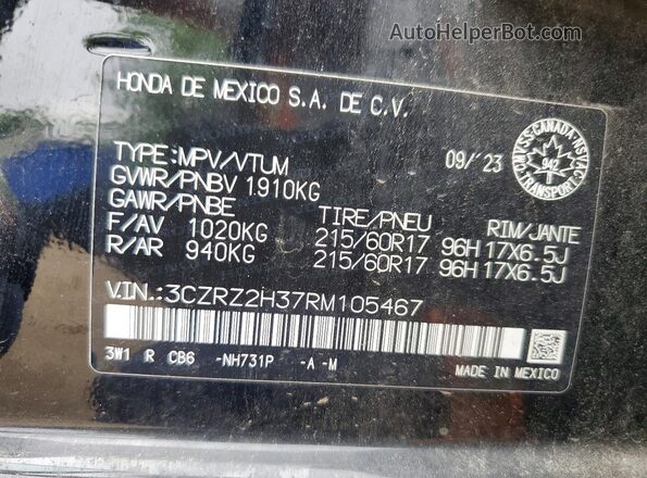3CZRZ2H37RM105467 2024 HONDA HR-V Черный Вид наклейки с VIN-кодом