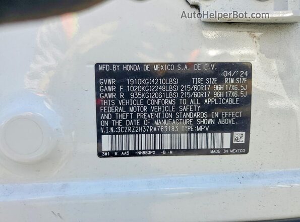 3CZRZ2H37RM783183 2024 HONDA HR-V White VIN կոդի պիտակի տեսք