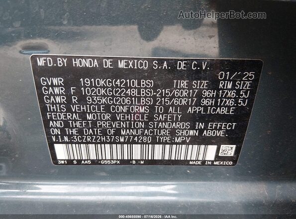 3CZRZ2H37SM774280 2025 HONDA HR-V Blue Դիմացի տեսք