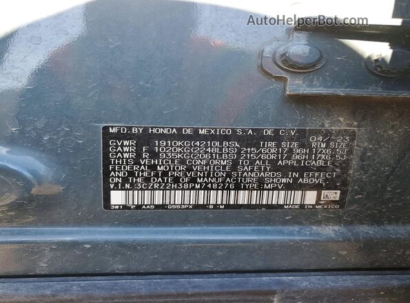3CZRZ2H38PM748276 2023 HONDA HR-V Blue Widok komory silnika