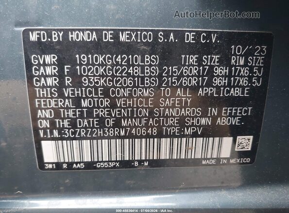 3CZRZ2H38RM740648 2024 HONDA HR-V Blue Engine compartment view
