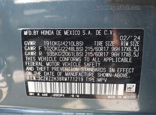 3CZRZ2H38RM771219 2024 HONDA HR-V Green Vista del compartimento del motor