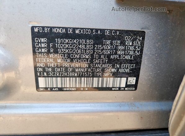 3CZRZ2H38RM771575 2024 HONDA HR-V Silver Widok komory silnika