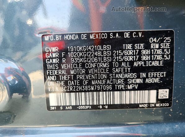 3CZRZ2H38SM797096 2025 HONDA HR-V Синий Вид наклейки с VIN-кодом