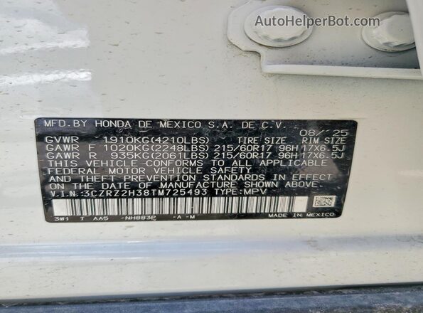 3CZRZ2H38TM725493 2026 HONDA HR-V White Vista de la etiqueta del VIN