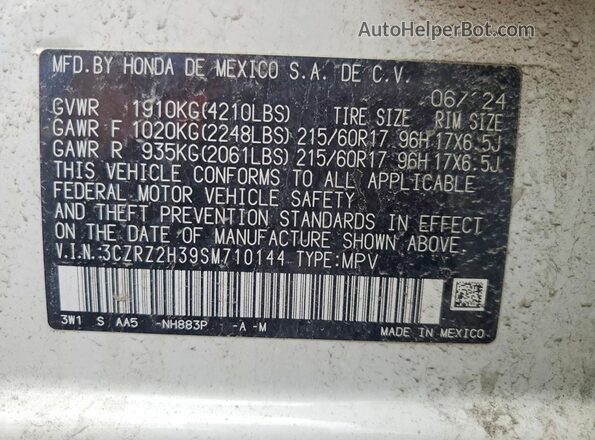 3CZRZ2H39SM710144 2025 HONDA HR-V White Widok naklejki z numerem VIN