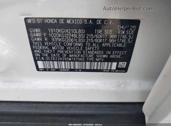3CZRZ2H39SM797060 2025 HONDA HR-V White ძრავის განყოფილების ხედი