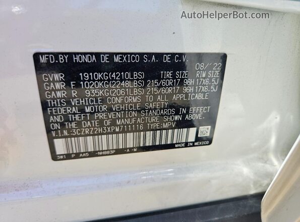 3CZRZ2H3XPM711116 2023 HONDA HR-V White Widok naklejki z numerem VIN