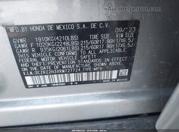 3CZRZ2H3XRM727724 2024 HONDA HR-V Gray Շարժիչի բաժամունքի տեսք