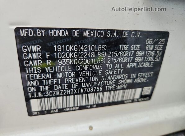 3CZRZ2H3XTM708758 2026 HONDA HR-V White Vista interior de 360 grados