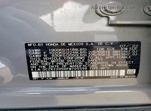 3CZRZ2H50PM705598 2023 HONDA HR-V Gray VIN կոդի պիտակի տեսք