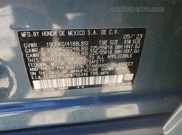 3CZRZ2H50PM750346 2023 HONDA HR-V Blue Vista de la etiqueta del VIN