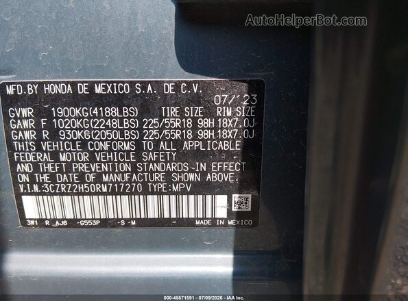 3CZRZ2H50RM717270 2024 HONDA HR-V Light Blue Widok komory silnika