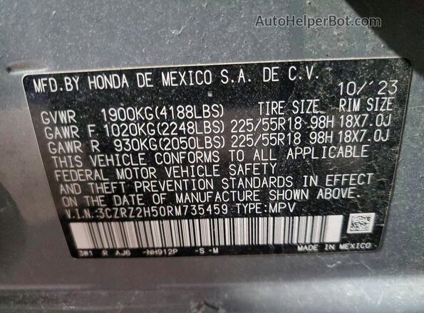 3CZRZ2H50RM735459 2024 HONDA HR-V Gray VIN კოდის სტიკერის ხედი