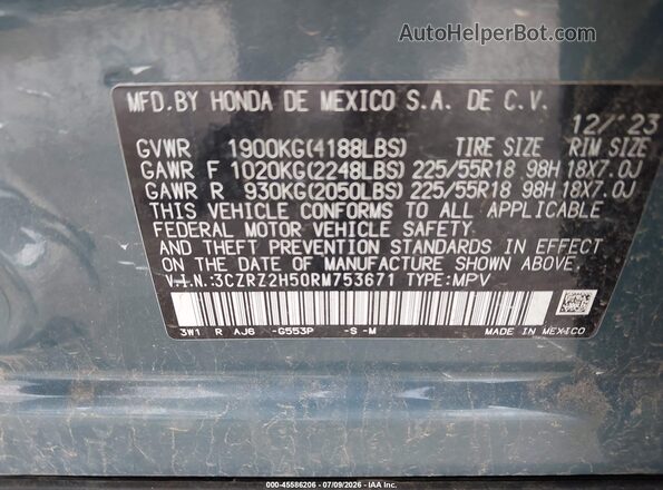 3CZRZ2H50RM753671 2024 HONDA HR-V Gray Vista del compartimento del motor