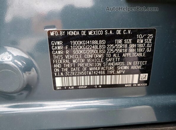 3CZRZ2H50TM742466 2026 HONDA HR-V Blue Widok naklejki z numerem VIN