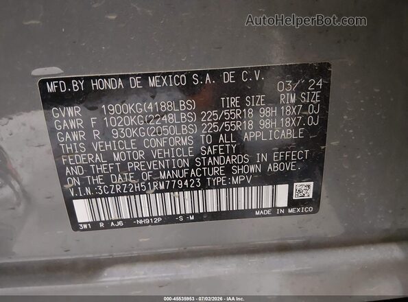 3CZRZ2H51RM779423 2024 HONDA HR-V Gray Вид підкапотного простору