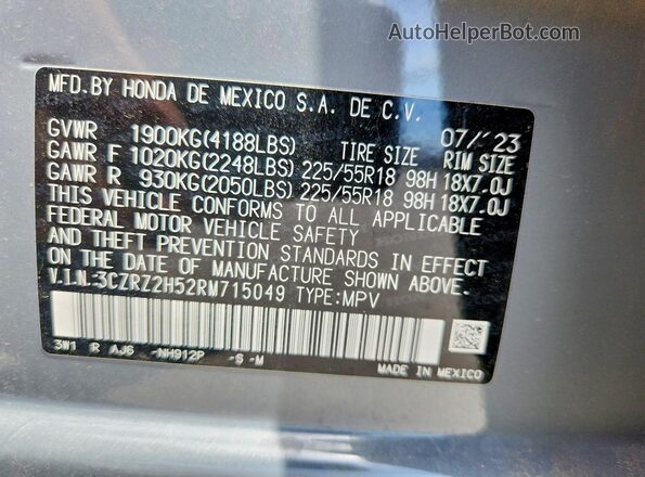 3CZRZ2H52RM715049 2024 HONDA HR-V Gray Вид наклейки з VIN-кодом