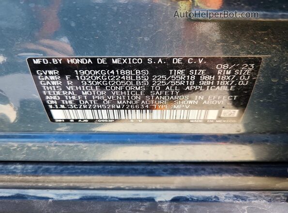 3CZRZ2H52RM726634 2024 HONDA HR-V Blue VIN sticker view