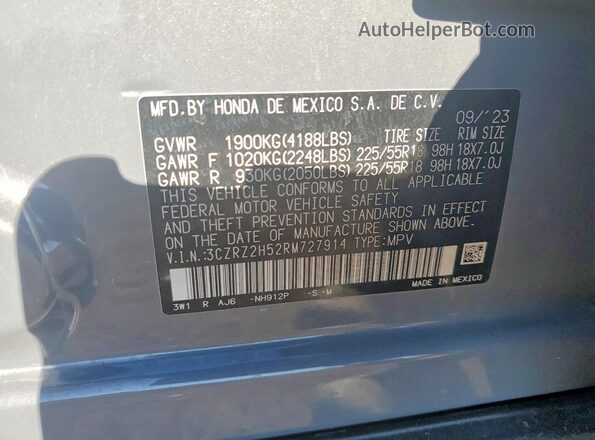 3CZRZ2H52RM727914 2024 HONDA HR-V Gray VIN կոդի պիտակի տեսք
