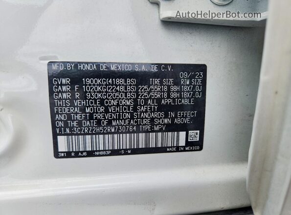 3CZRZ2H52RM730764 2024 HONDA HR-V White Вид наклейки з VIN-кодом