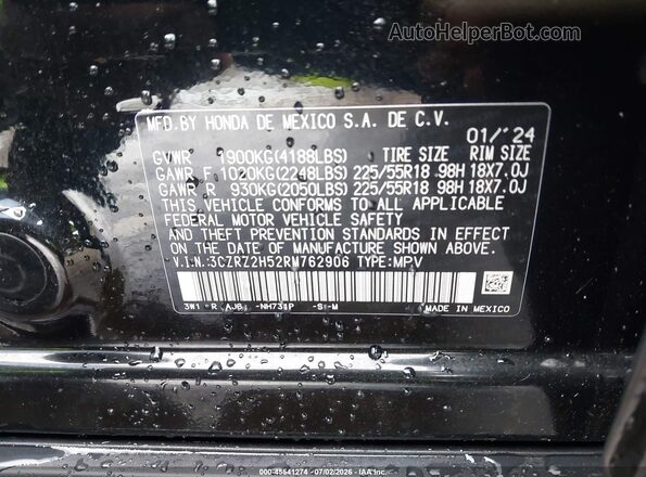 3CZRZ2H52RM762906 2024 HONDA HR-V Черный Вид подкапотного пространства