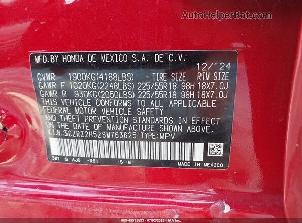 3CZRZ2H52SM763625 2025 HONDA HR-V Red Вид підкапотного простору