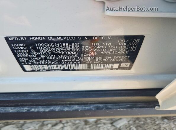 3CZRZ2H52TM738905 2026 HONDA HR-V White VIN sticker view