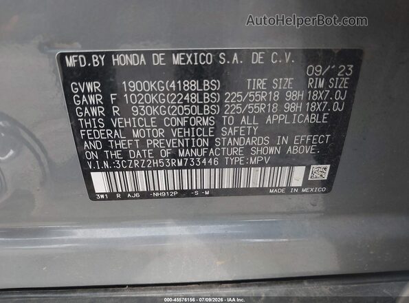 3CZRZ2H53RM733446 2024 HONDA HR-V Gray Շարժիչի բաժամունքի տեսք