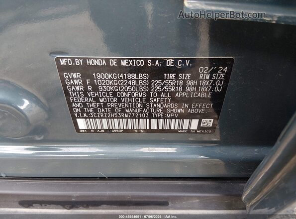 3CZRZ2H53RM772103 2024 HONDA HR-V Blue Շարժիչի բաժամունքի տեսք