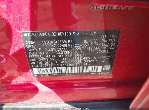 3CZRZ2H53SM773368 2025 HONDA HR-V Red Շարժիչի բաժամունքի տեսք