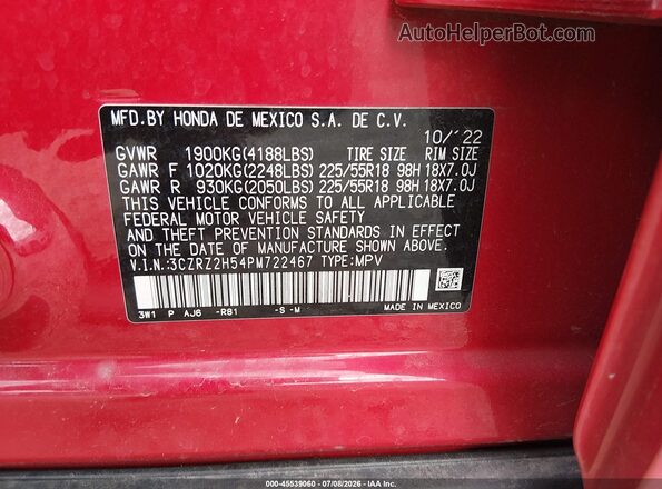 3CZRZ2H54PM722467 2023 HONDA HR-V Red Widok komory silnika