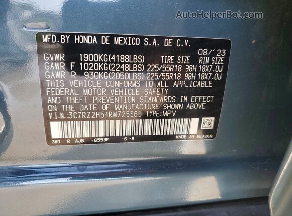 3CZRZ2H54RM725565 2024 HONDA HR-V Blue Vista de la etiqueta del VIN
