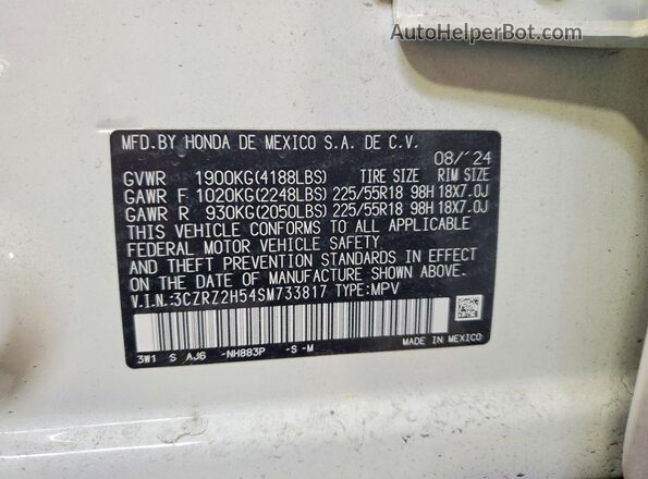 3CZRZ2H54SM733817 2025 HONDA HR-V White Vista de la etiqueta del VIN