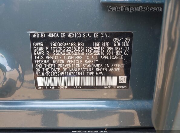 3CZRZ2H54TM701841 2026 HONDA HR-V Blue ძრავის განყოფილების ხედი