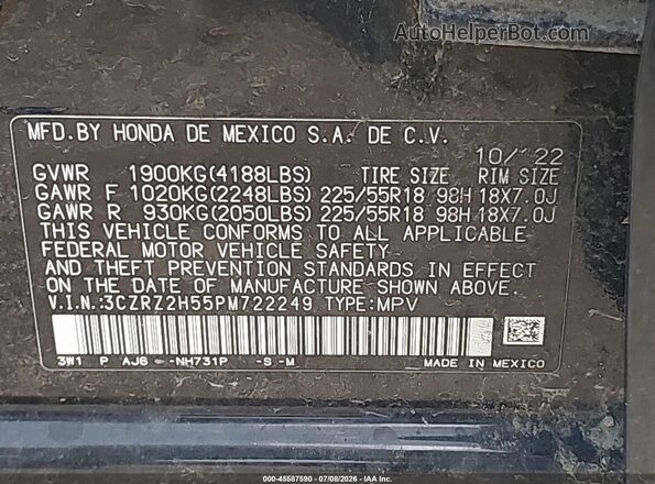 3CZRZ2H55PM722249 2023 HONDA HR-V Black Շարժիչի բաժամունքի տեսք