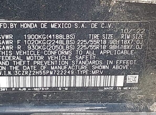 3CZRZ2H55PM722249 2023 HONDA HR-V Черный Вид подкапотного пространства