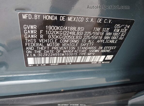 3CZRZ2H55SM703015 2025 HONDA HR-V Blue Вид підкапотного простору