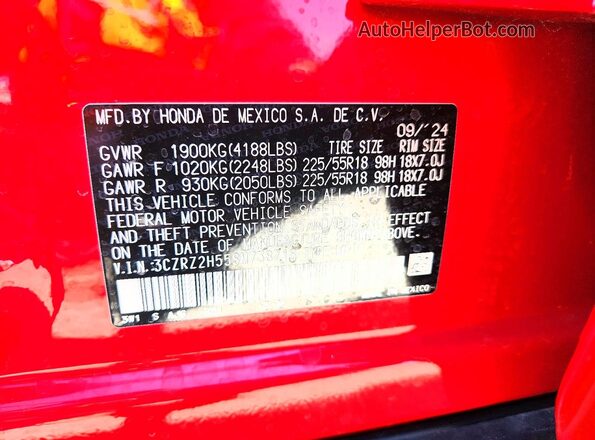 3CZRZ2H55SM738718 2025 HONDA HR-V Red VIN კოდის სტიკერის ხედი
